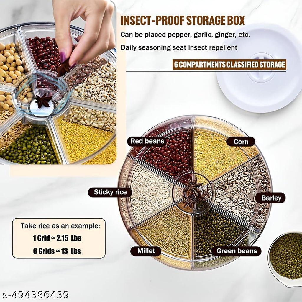 NARUIA 6-Grid Rotating Grain Dispenser - Grocery storage container for pulses, cereal, grains & rice with Measuring Cup (White)