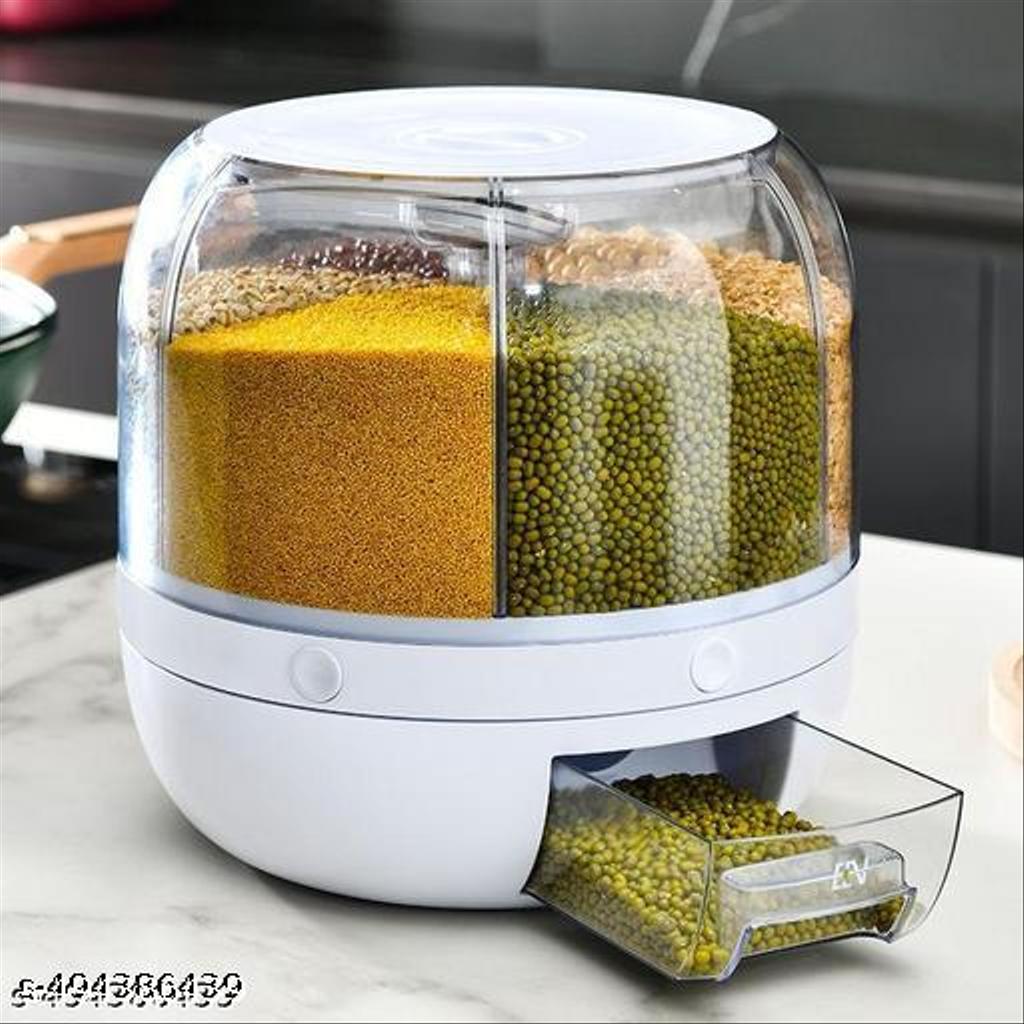 NARUIA 6-Grid Rotating Grain Dispenser - Grocery storage container for pulses, cereal, grains & rice with Measuring Cup (White)